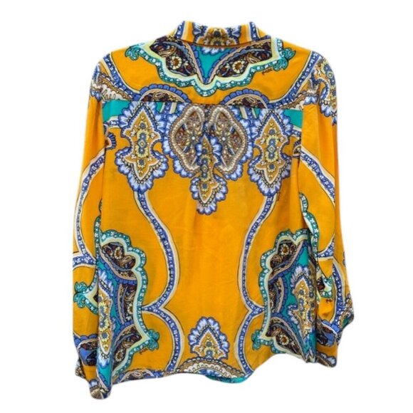 Hale Bob Women's Button Down 100% Silk Multi Color Yellow Blouse Paisley Print M - Picture 8 of 14